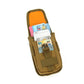 Tan fabric phone pouch with card slots and a smartphone in the front pocket