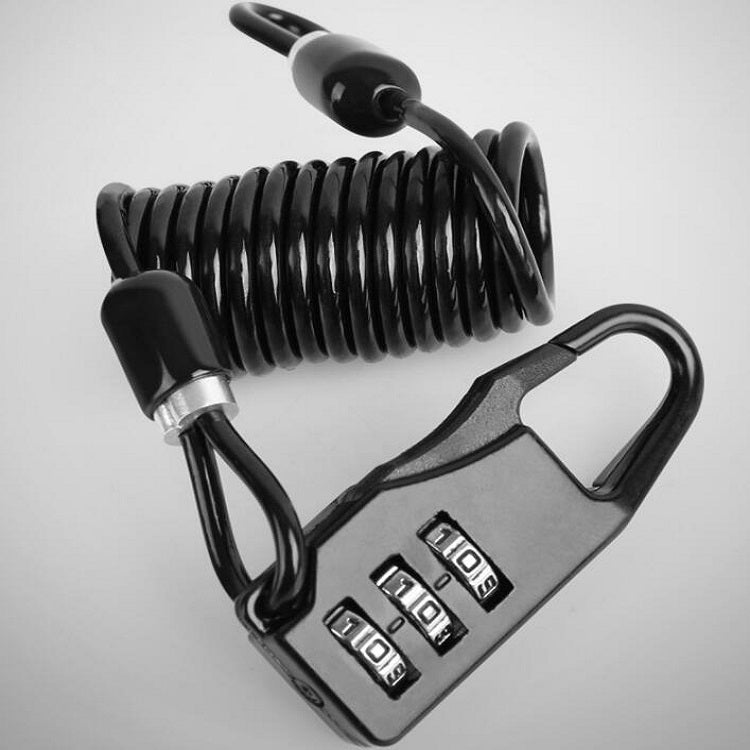 Black coiled cable helmet lock with four-digit combination keypad and metal locking hook