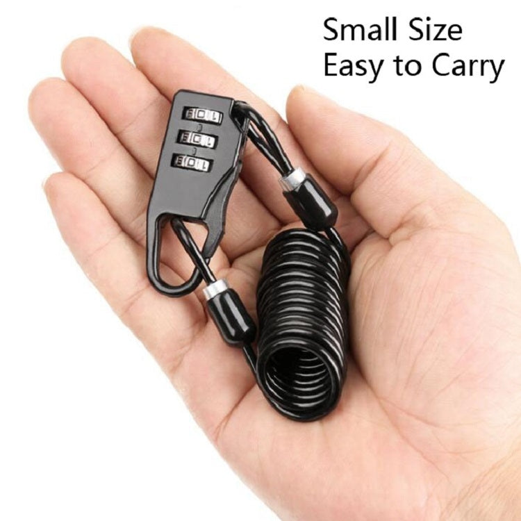 Compact black combination cable lock with coiled steel cord, shown in open palm
