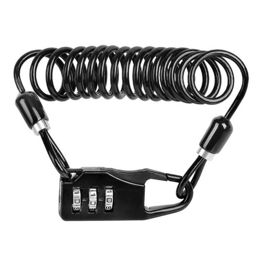 Black coiled steel cable helmet lock with four-digit combination keypad and locking loop