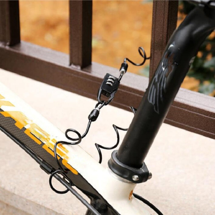 Black combination cable lock securing a bike wheel with hooks and coiled cord