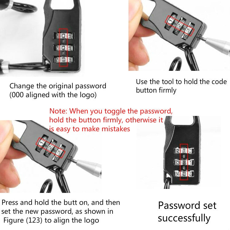 Combination cable lock with four-digit keypad and a code-setting tool, shown up close