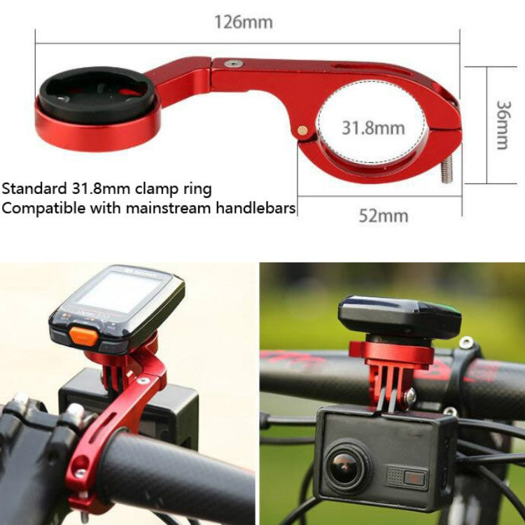 Red bike handlebar clamp mount bracket with black base and arched extension arm