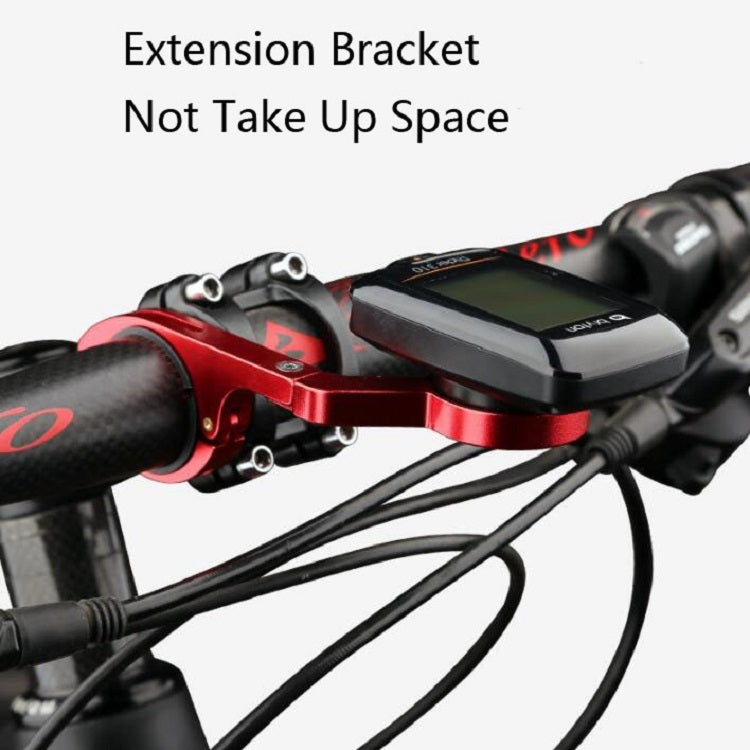 Red bike handlebar extension bracket holding a front device near the handlebars