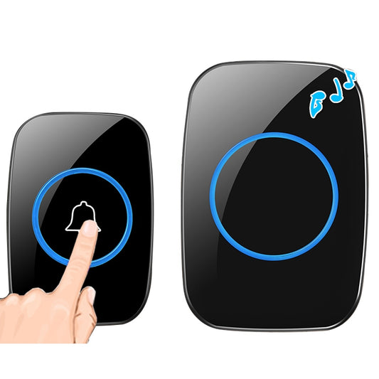 Wireless LED doorbell with blue light ring and bell icon, finger pressing button
