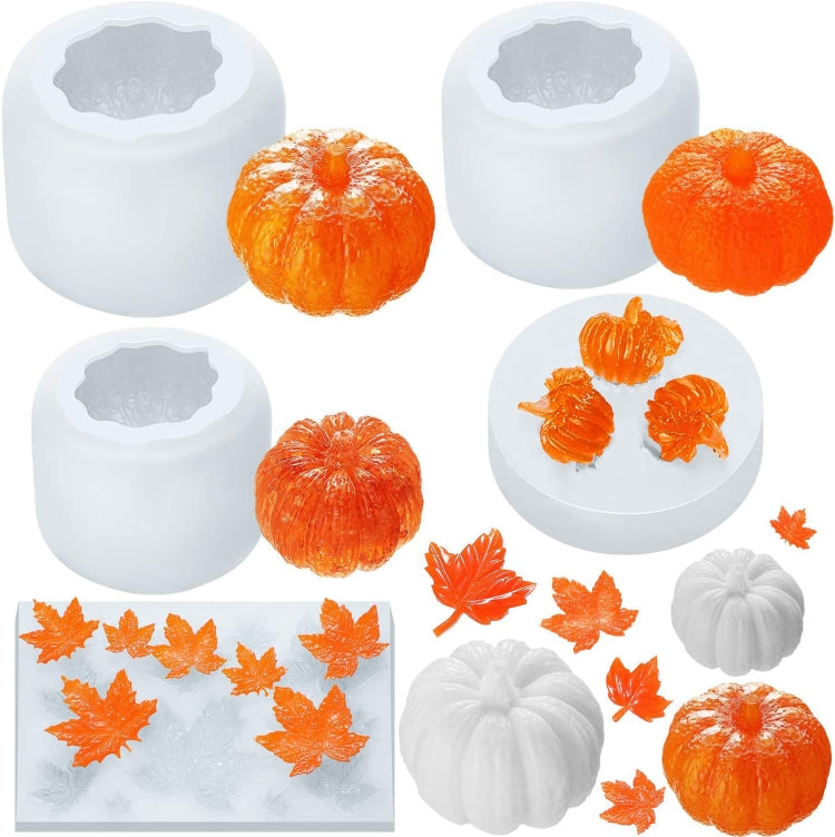 Halloween silicone candle mold with pumpkin cavities, pumpkins, and fall leaves