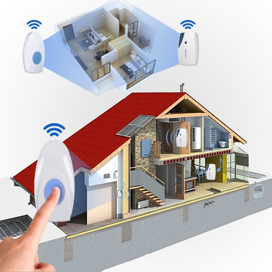 Wireless LED doorbell chime receiver in use with home layout and signal range