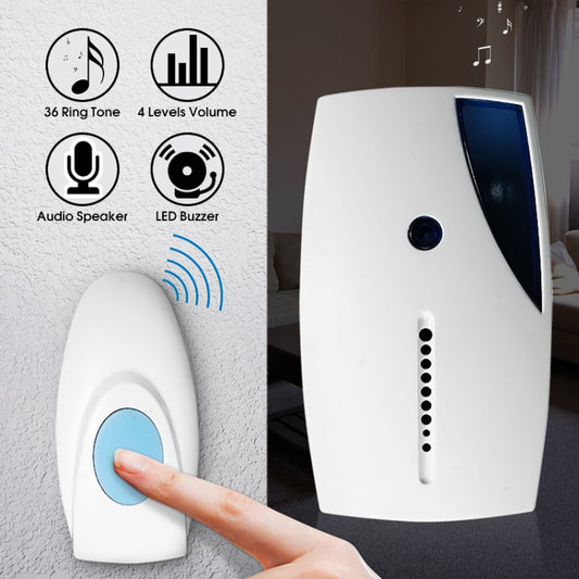 Wireless LED doorbell chime receiver, white body with blue window and speaker vents
