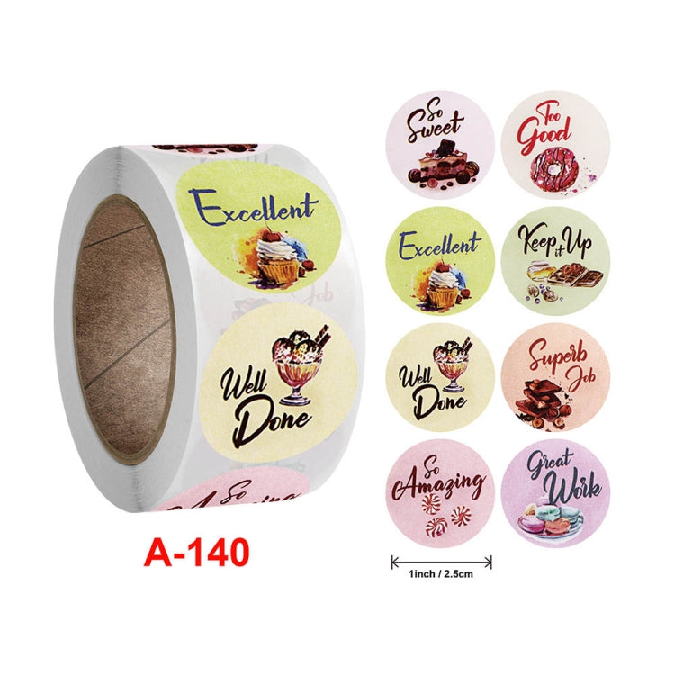 Round reward sticker roll with multi-message designs; includes A-140 label