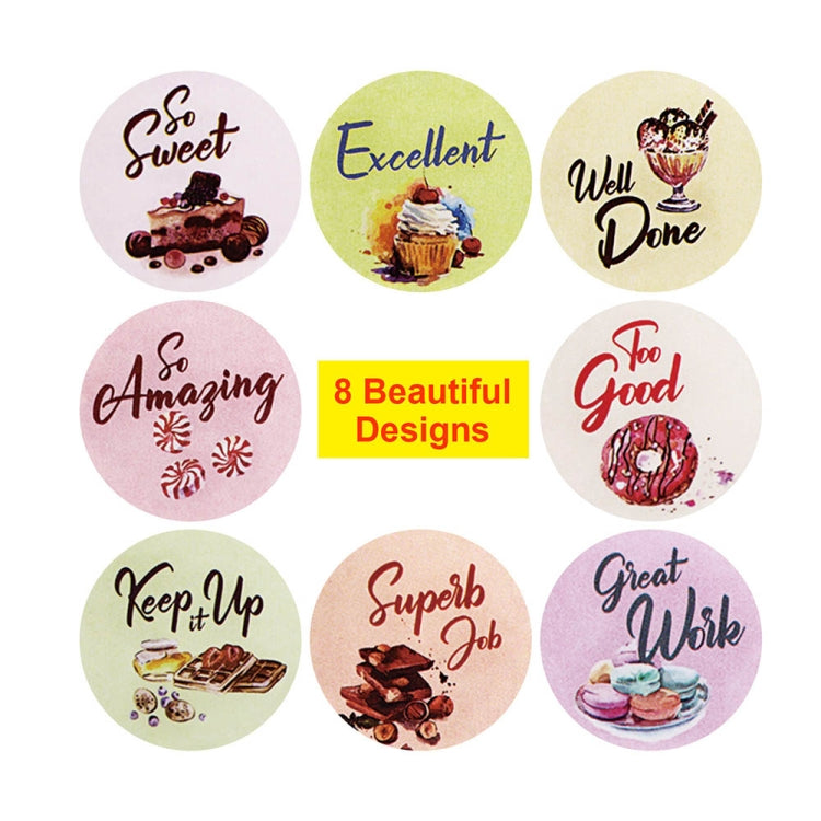 Sheet of round reward stickers with colorful messages such as Amazing, Keep Up, Great Work