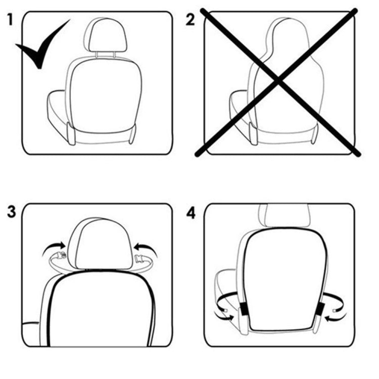Car seat protector installation diagram, showing attachment straps on front and sides