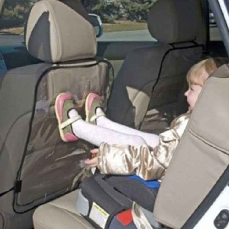 Car seat back cover protector in use, protecting front seatback from child kicking