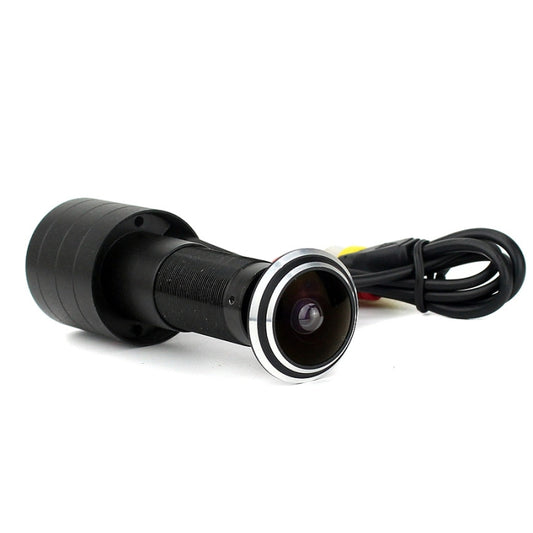 Black cylindrical door viewer camera with ring lens and connected cable