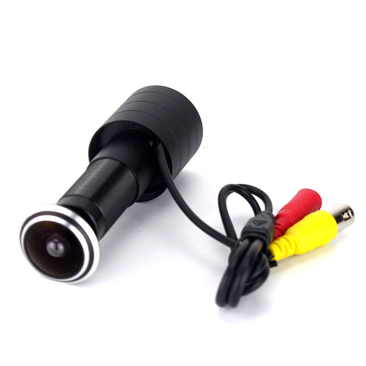Black door viewer camera with wide-angle lens and attached AV cables