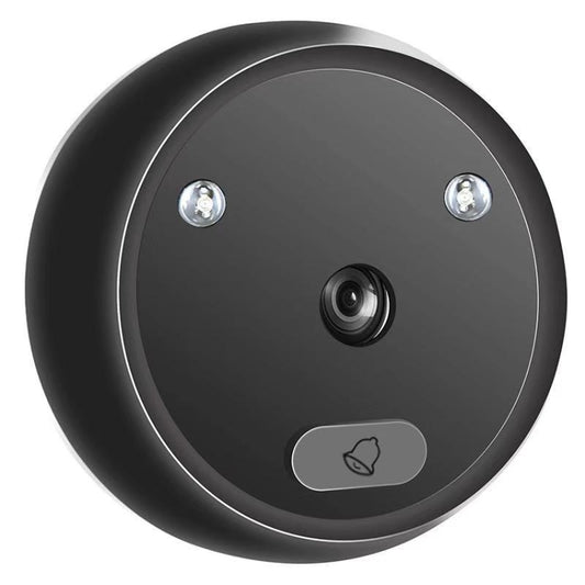 Round smart doorbell camera with lens, dual screws, and front indicator button
