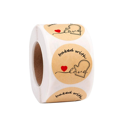 Round baked with love label stickers on a roll, kraft design with hearts