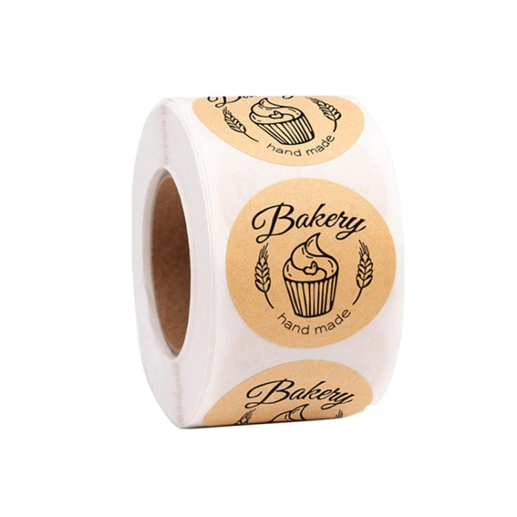 Bakery hand made round label stickers on a roll, kraft beige cupcake icon designs