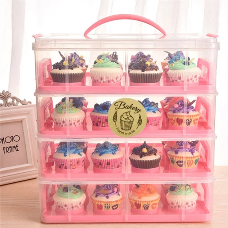 Bakery label sticker-style cupcake favors on a tiered display case