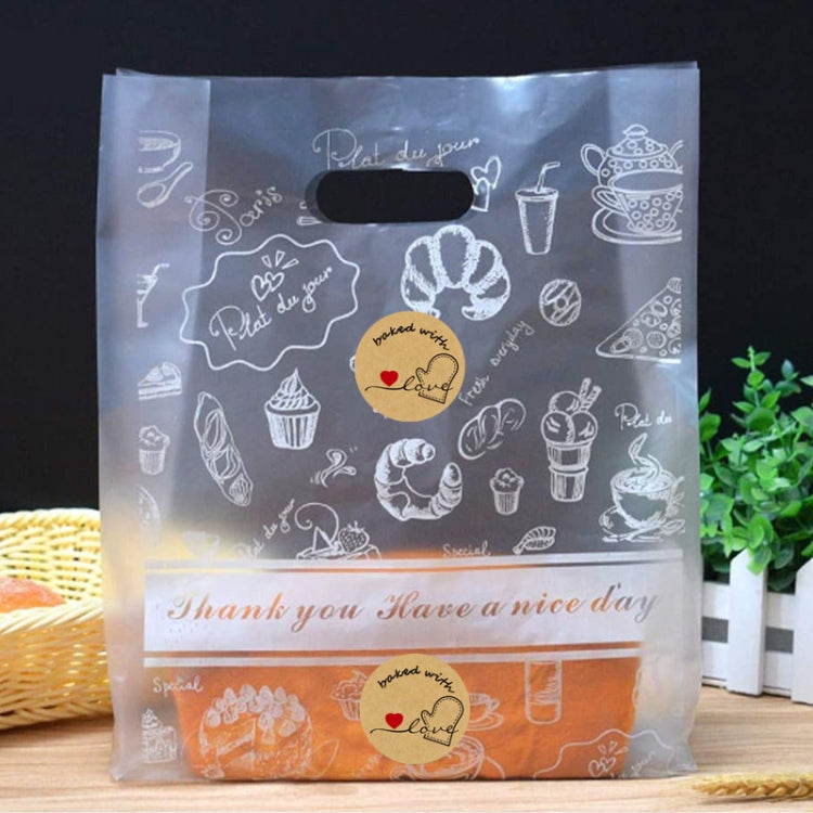 Plastic gift bag with baked with love label sticker and line-doodle icons