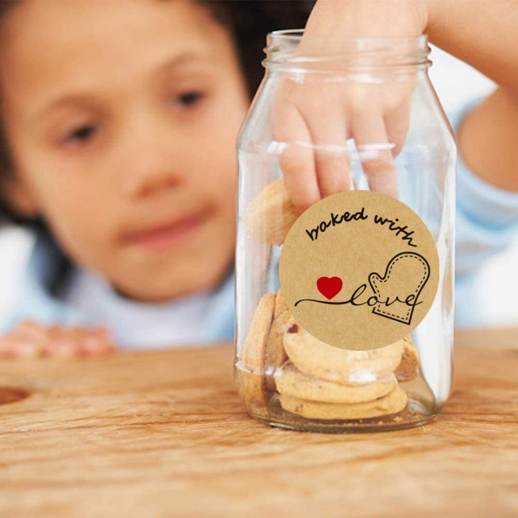 Cookie jar with baked with love round label sticker and heart details