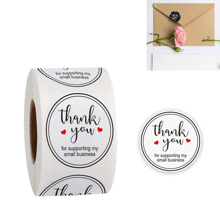 Thank you reward stickers on roll, black script with red hearts, small-business text