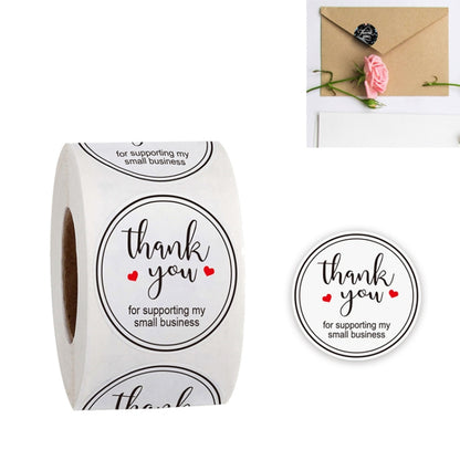 Thank you reward stickers on roll, black script with red hearts, small-business text