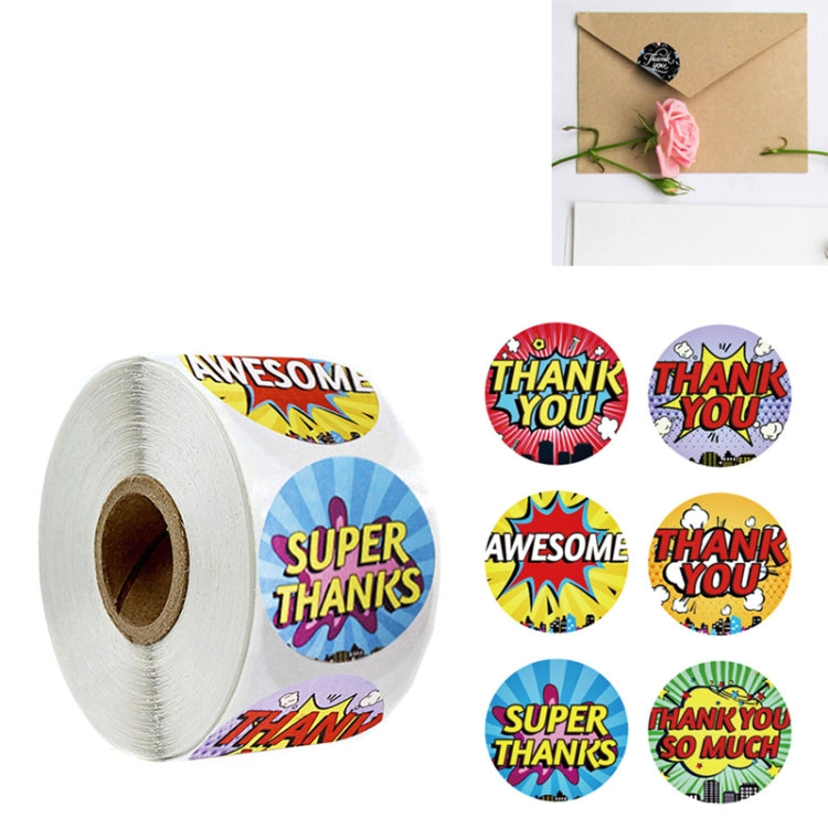 Reward sticker set on roll and loose round labels: AWESOME, SUPER THANKS, THANK YOU