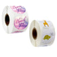 Two rolls of decorative sealing stickers: purple "Thank you" and animal "thanks" labels