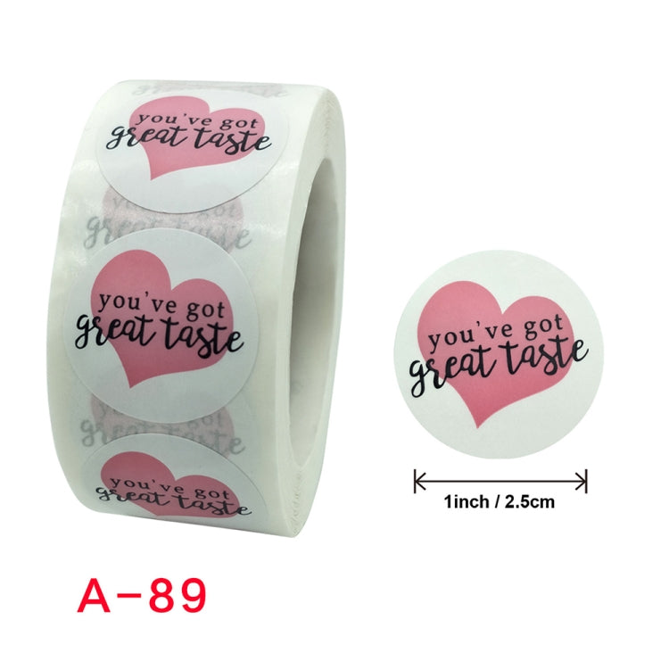 Roll of round envelope label stickers, light blue with pink heart “you’ve got great taste”