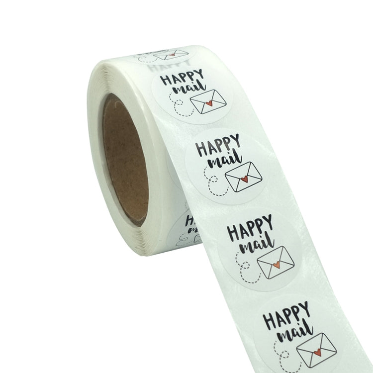 Adhesive roll of round envelope label stickers: light blue “HAPPY mail” with envelope icons