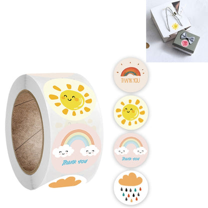 Round sun-and-rainbow thank-you sticker set on white label roll, A-168