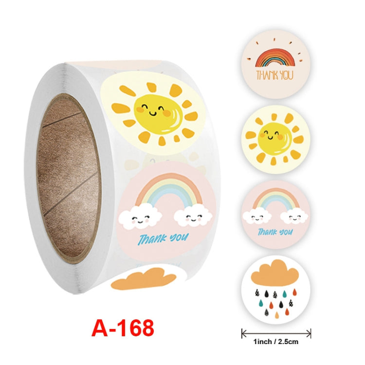 Roll of round thank-you stickers with sun, rainbow, clouds, and raindrops, A-168