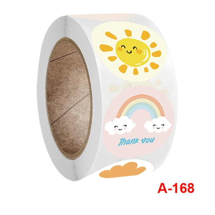 Round thank-you stickers on label roll: smiling sun, rainbow with clouds