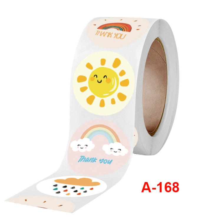 White sticker roll with round thank-you designs: sun, rainbow with clouds, A-168