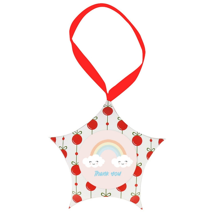 Star-shaped thank-you sticker label with rainbow, on red string