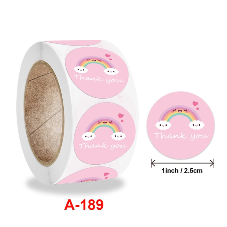 Rainbow cloud thank-you roll stickers with 1 in / 2.5 cm sizing, pink circles