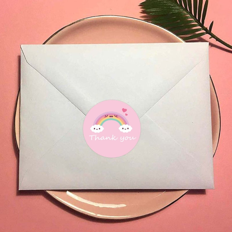 Pink rainbow cloud thank-you sticker on a white envelope