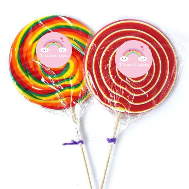 Rainbow cloud thank-you circular stickers on red and rainbow swirl lollipops