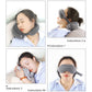 Set of neck pillow usage views with attached eye mask in gray fabric