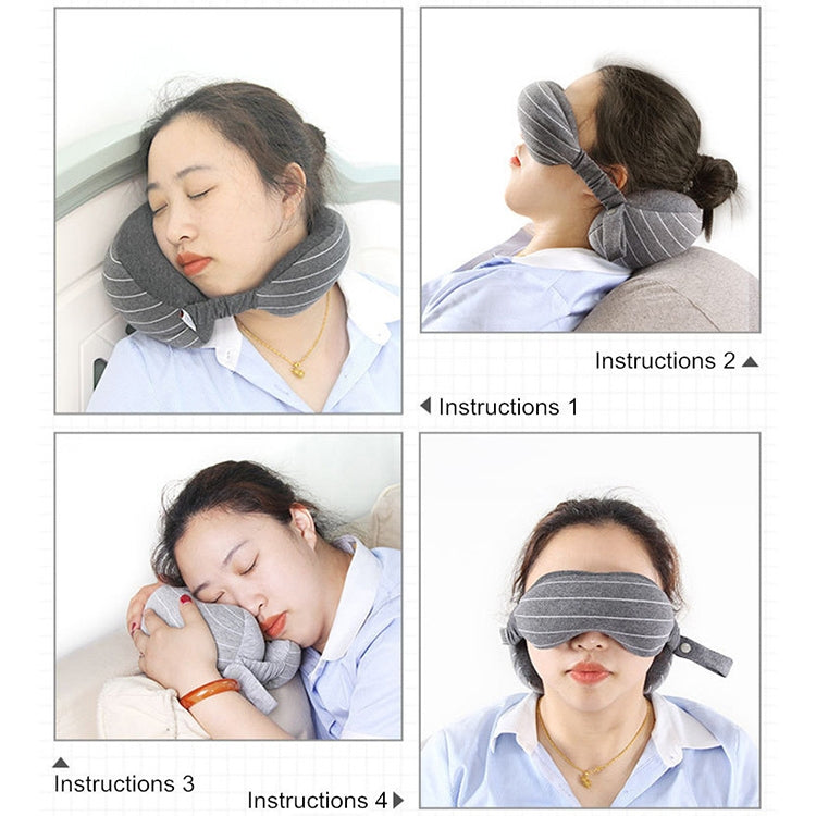 Set of neck pillow usage views with attached eye mask in gray fabric