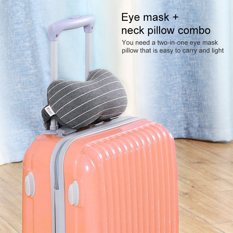 Eye mask plus neck pillow combo in dark gray with striped cover and carrying strap