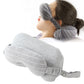 Light gray travel neck pillow with attached striped eye mask for resting