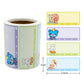 Children’s name sticker labels roll with animal themes and size guide 2.5 x 1 inch