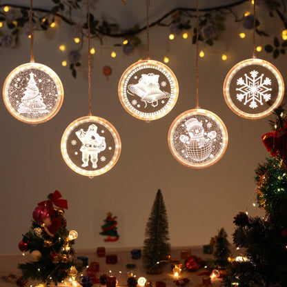 LED Christmas light curtain with circular gold medallions, warm glowing holiday icons