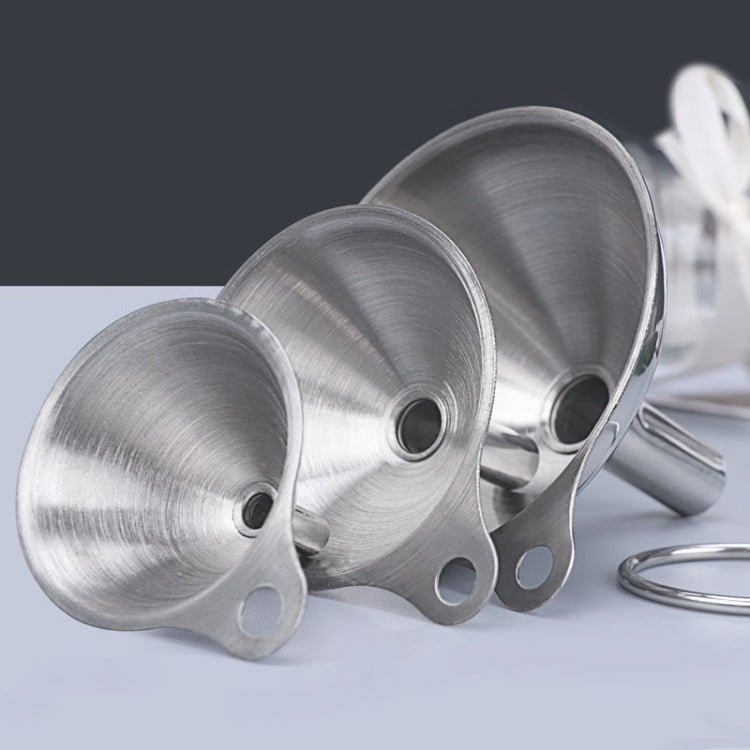 Stainless steel funnels with side handles, shown in a three-piece set
