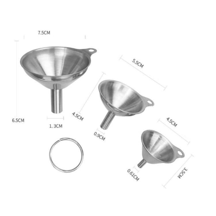 Three stainless steel mini funnels with mounting holes and a sealing ring