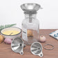 Three stainless steel mini funnels with ring, designed to fit a glass bottle neck