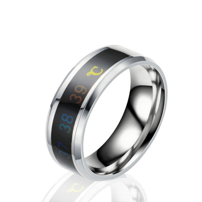 Stainless steel smart temperature display ring with black sensor band and rainbow digits