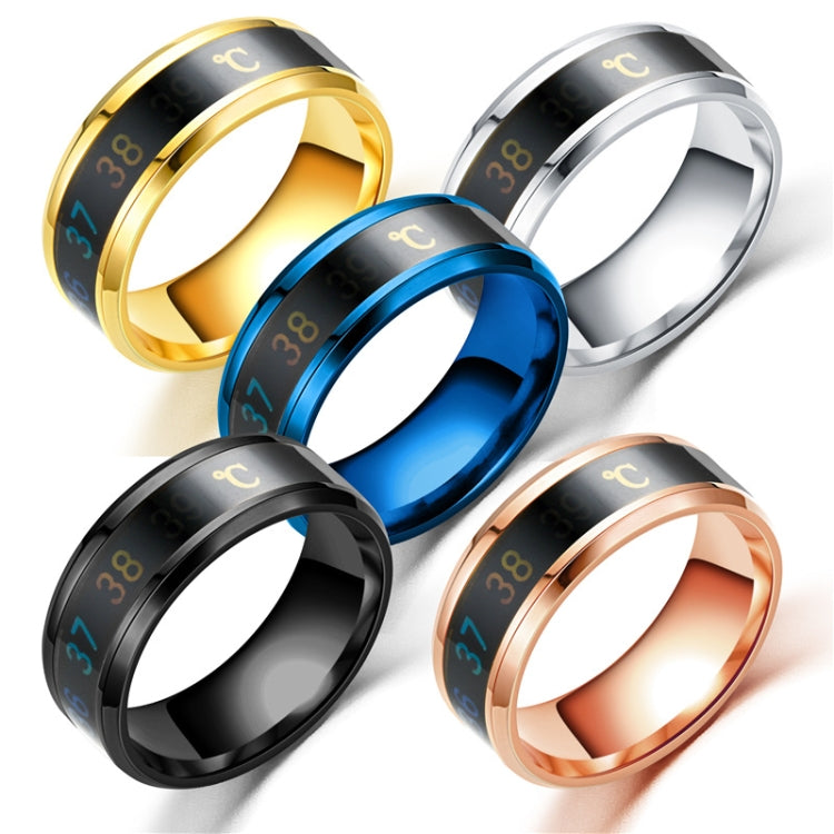 Stainless steel smart temperature display ring set with visible °C scale, multiple colors