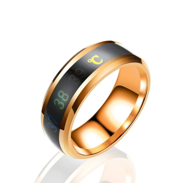 Smart temperature display ring, rose gold with black insert and glowing temperature numbers